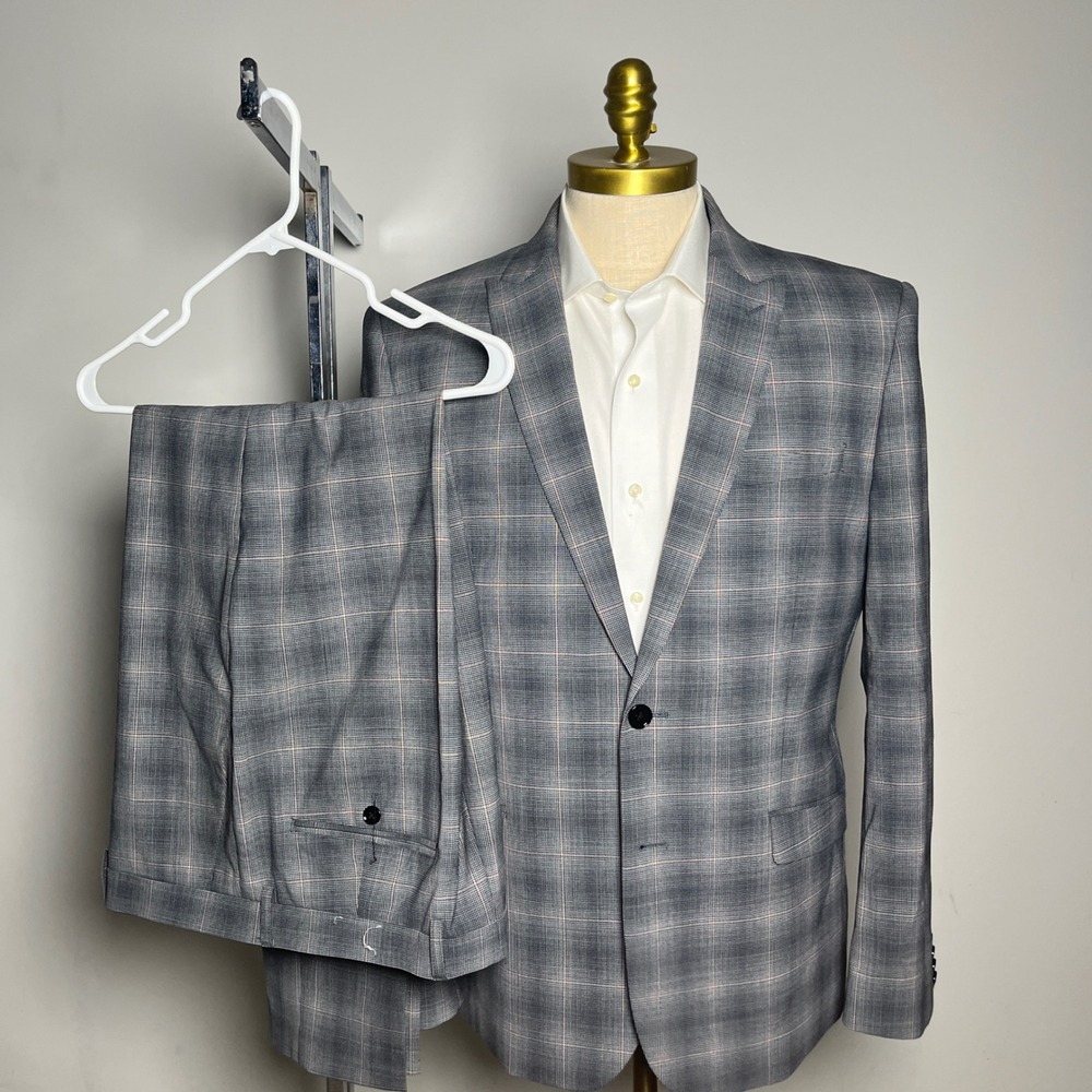 Express Suit Mens 42R W39 Grey Glen Plaid Slim Fit Wool Blend Two Button